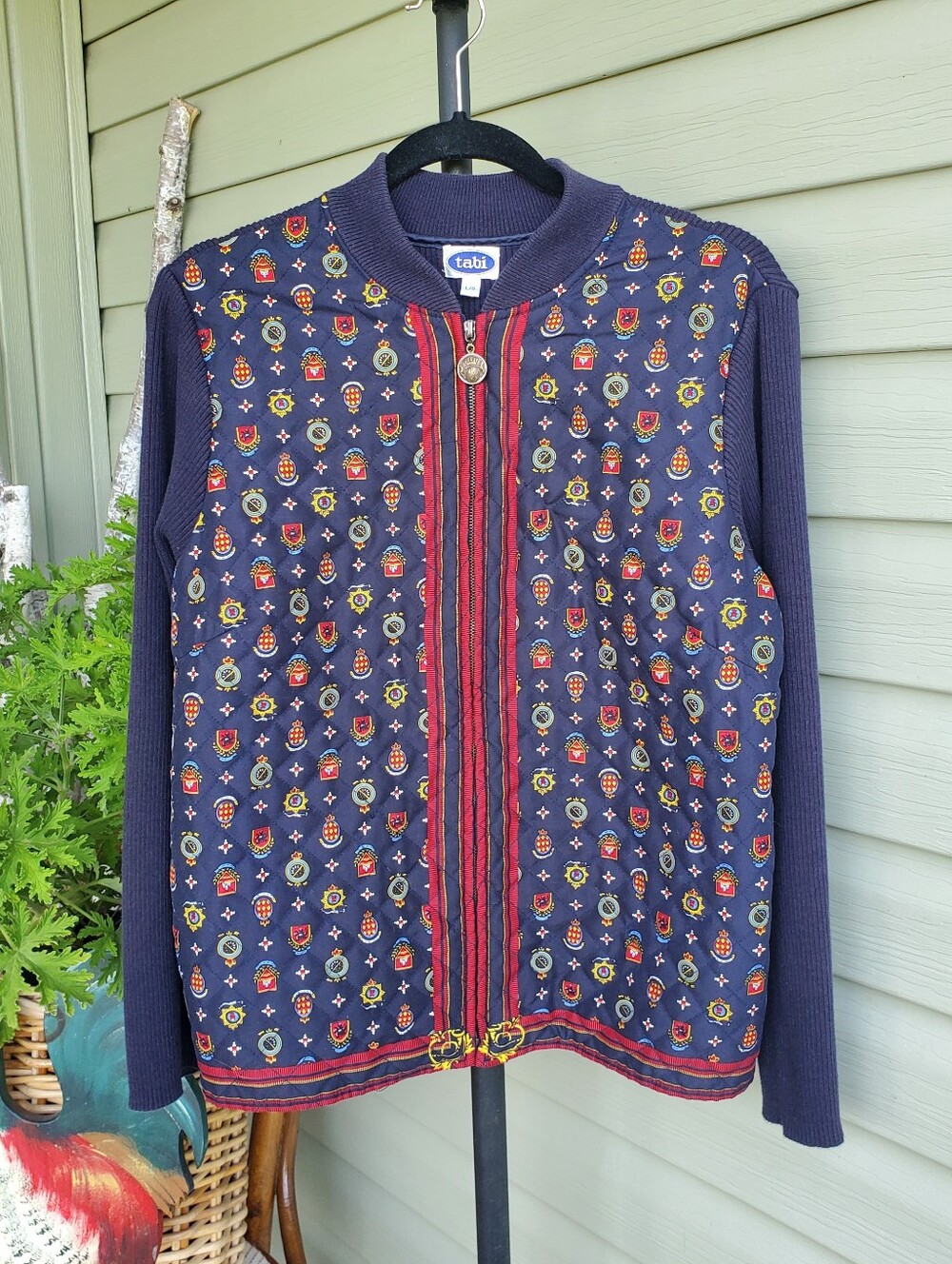 Tabi Zip Front Navy Red And Gold Crest Sweater